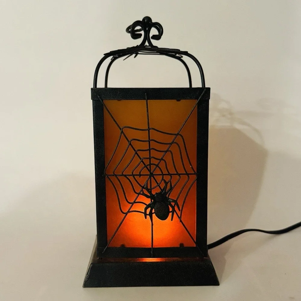 Vintage Ting Shen Halloween Spider Web Hanging Lantern‎ Lamp w/Flickering Bulb